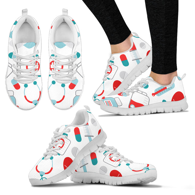 White Mesh Nurse Sneaker 10 With Teal/Red Medical Symbols