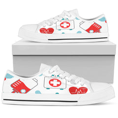 White Canvas Nurse Sneakers 10 With Teal/Red Medical Symbols