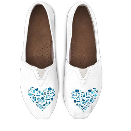 White Canvas Nurse Flats With Light Blue Heart