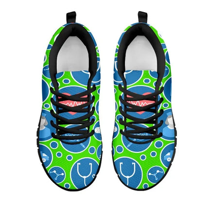 Women's Aqua Green Mesh Nurse Sneakers 3 With Blue-White Medical Icons
