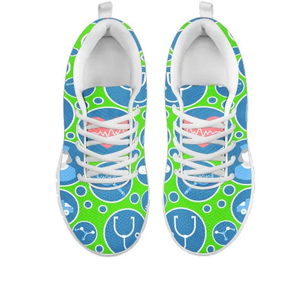 Women's Aqua Green Mesh Nurse Sneakers 3 With Blue-White Medical Icons