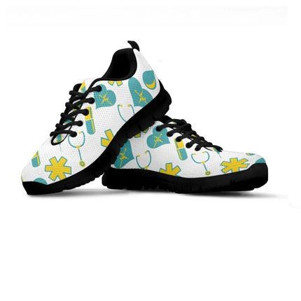 Women's White Mesh Nurse Sneakers 2 With Yellow-Teal Medical Motif